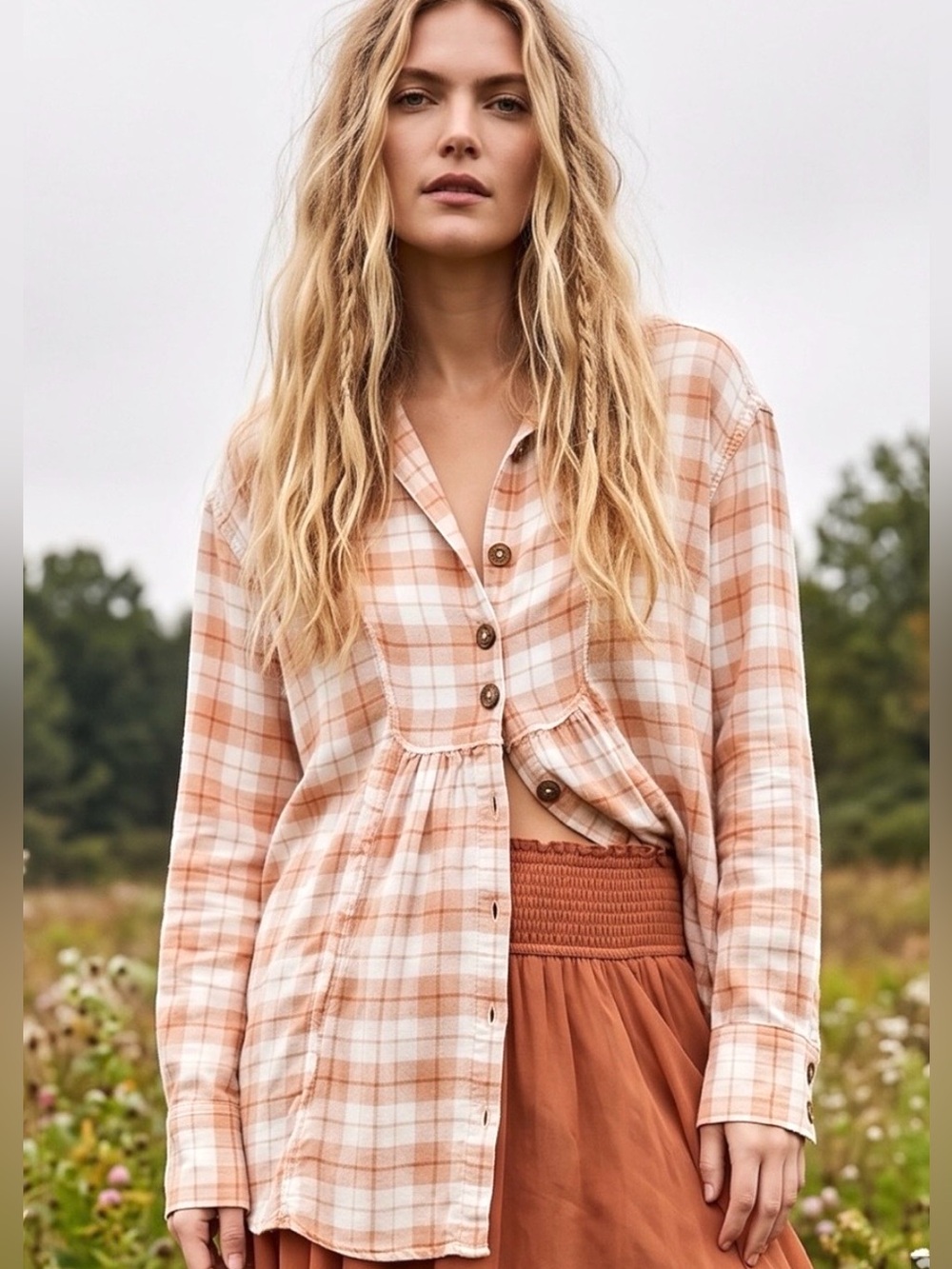 Free People All About The Feels Plaid Babydoll Button Down Shirt Small